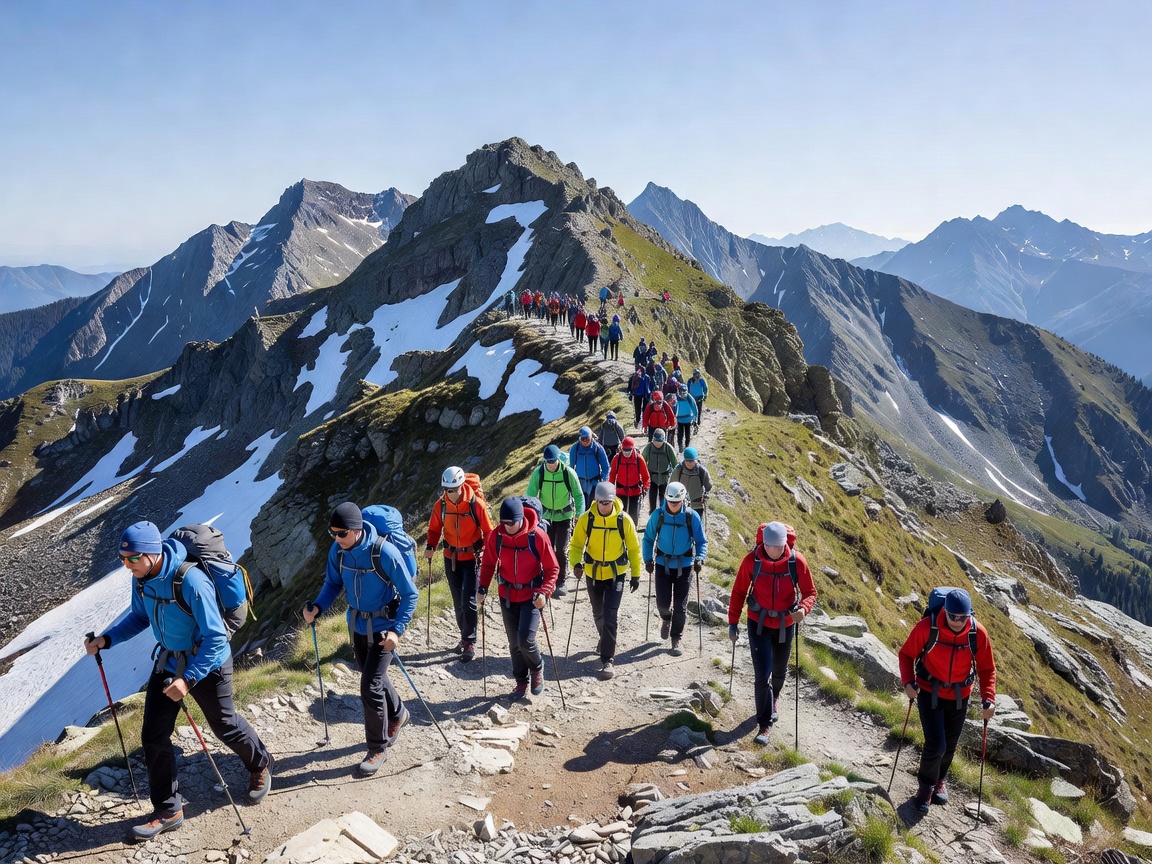 Panoramic view of alpine ridgeline in Europe during high-tempo weekend crossing
