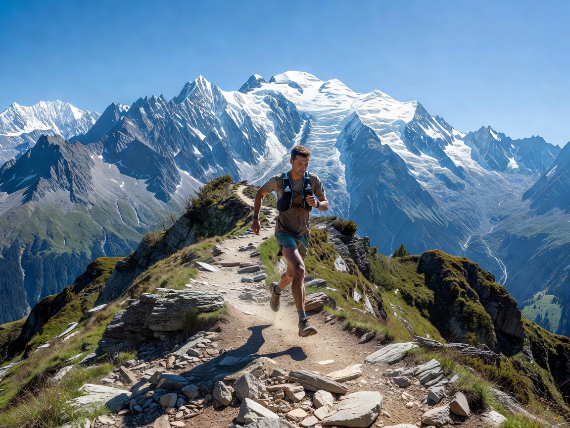 Trail runner crossing an alpine singletrack ridge overlooking Mont Blanc massif