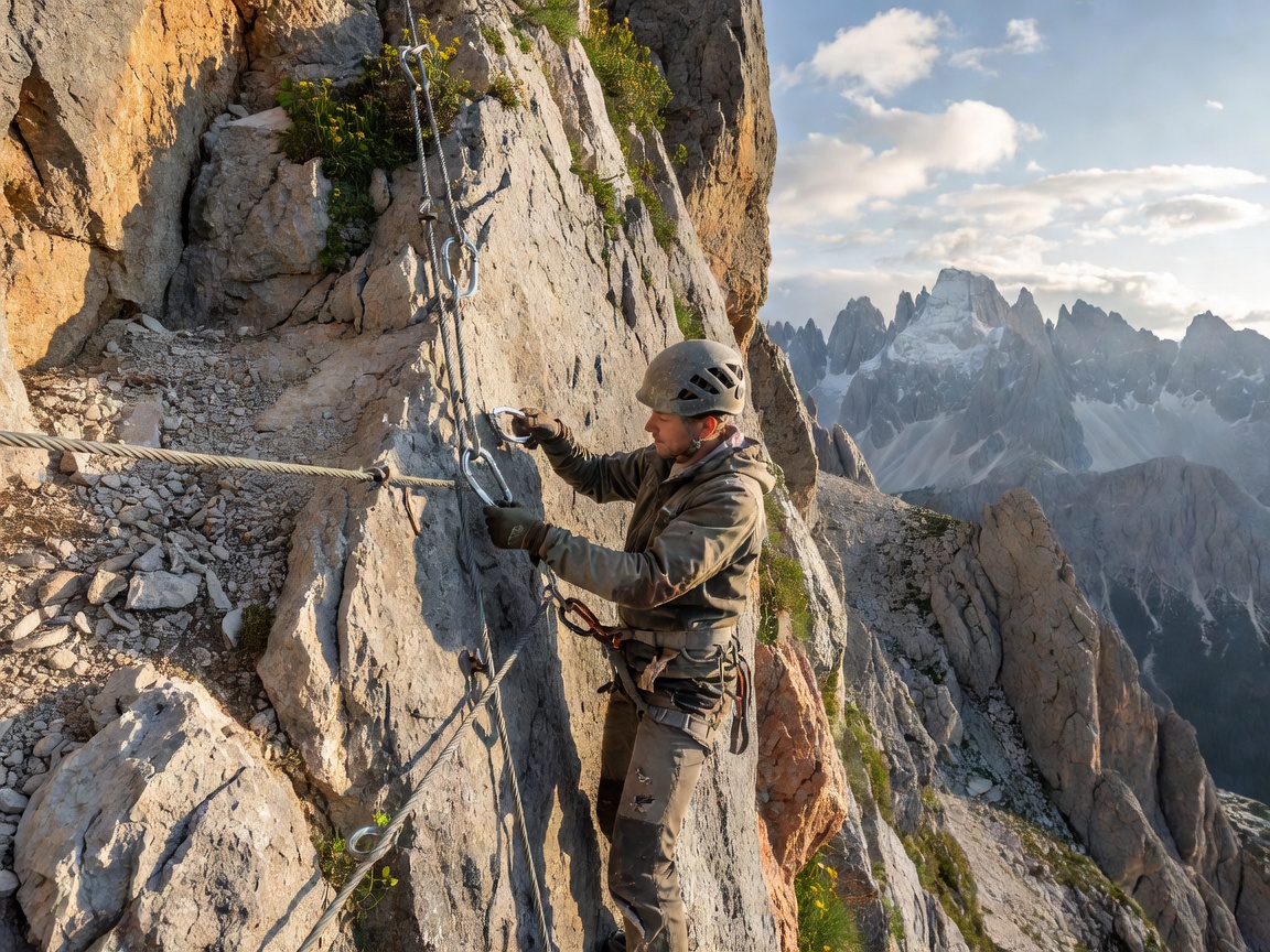 Climber securing carabiners to steel cable on sheer vertical limestone wall in the Dolomites