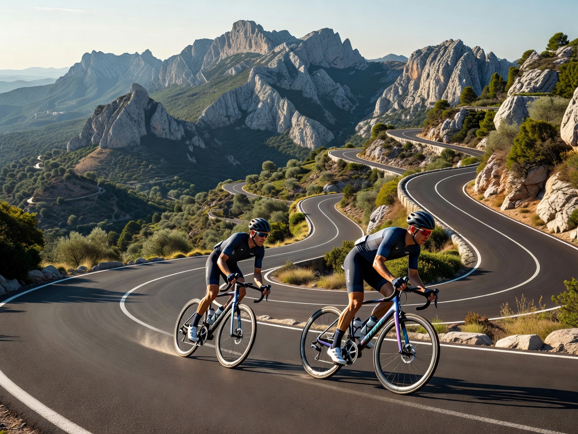 Road cyclist descending hairpin turns on smooth mountain road in Mallorca