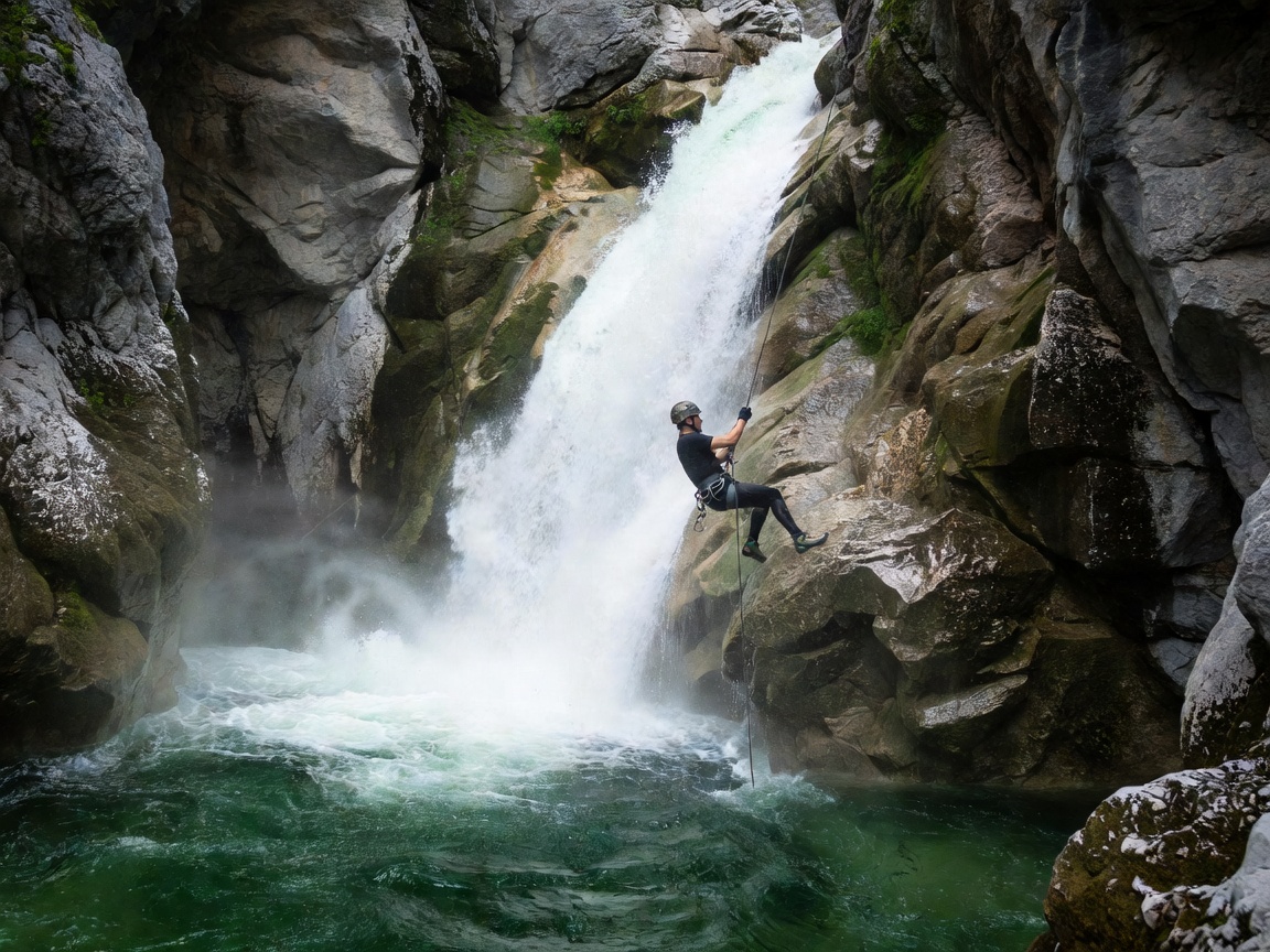 Canyon descent athlete rappelling down a vertical waterfall into emerald river pool in Slovenia