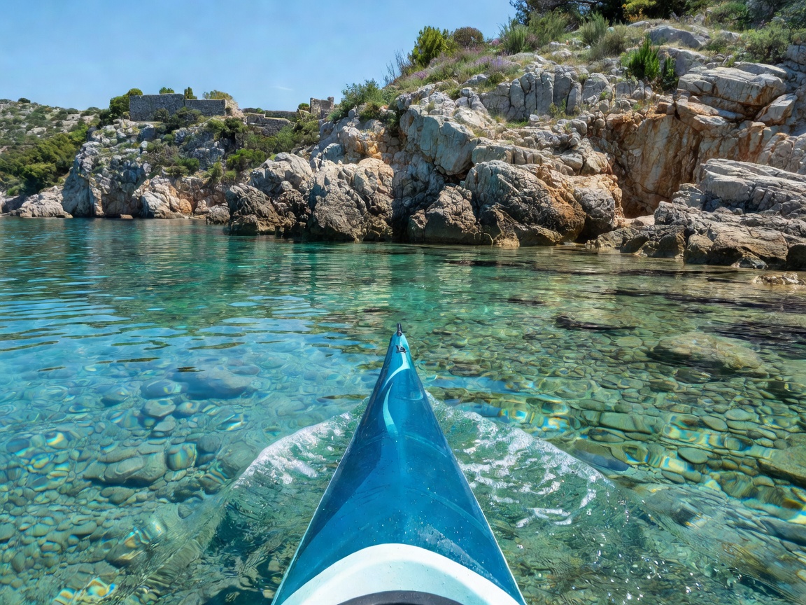 Sea kayak bow cutting through clear Adriatic waters off Croatian limestone coastline